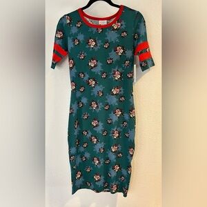 LuLaRoe Green Floral Midi Dress with Red Trim Size XS